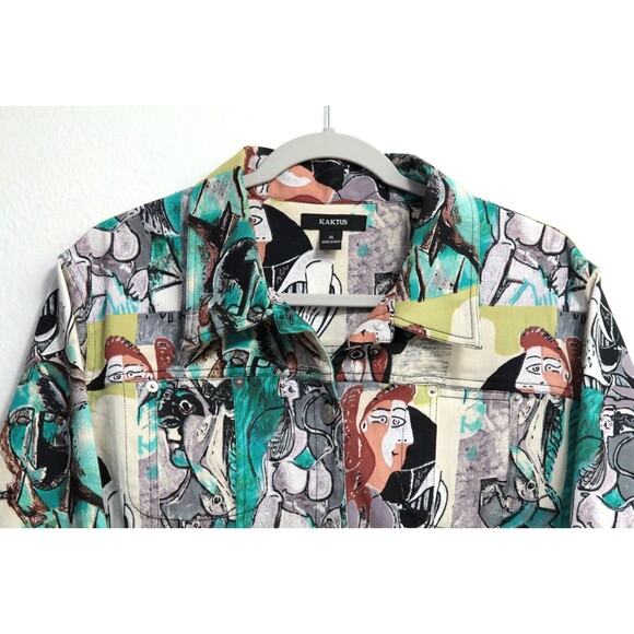 Vintage Kaktus Women's Jacket Cotton Blend 3/4 Sleeves Picasso Art Buttons XL - Picture 6 of 8